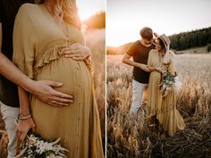 a pregnant couple standing in a field with their belly wrapped around each other and holding hands