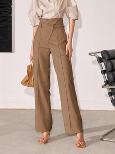 Women Fashion Solid Color Straight-Leg High-Waisted Pants Brown Casual   Fabric Plain Straight Leg Non-Stretch All Women Clothing, size features are:Bust: ,Length: ,Sleeve Length: Pant Suits For Women, Mom Pants, Fashion Design Sketches, Slim Fit Trousers, Suit Pants, Style Mistakes, Kids Sleepwear, High Waisted Pants, Suits For Women