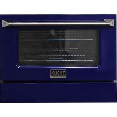 a blue oven with the door open and it's light on, in front of a white background