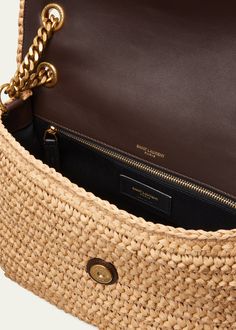 "Find SAINT LAURENT Niki Medium Flap Ysl Shoulder Bag In Raffia on Editorialist. Saint Laurent shoulder bag in crocheted nylon. Chain and leather shoulder straps, 11.8\" drop. Flap top with YSL monogram; magnetic closure. Interior zip pocket. 7.9\"H x 11\"W x 3.3\"D. Item weight, approx. 1.8 lbs. \"Niki\" is made in Italy." Ysl Mini Bag, Mini Bag Crochet, Ysl Shoulder Bag, Crochet Shoulder Bag, Beige Bag, Woven Raffia, Raffia Bag, Chain Bags, White Bag