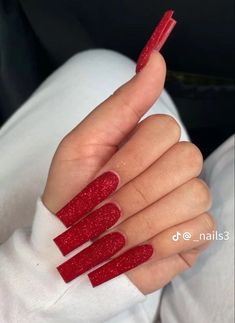 Red Glitter Matte Nails, Red New Years Nails Acrylic, Long Christmas Nails Red, Red Stiletto Nails Christmas, White Nails With Red Glitter, Red Acrylic Nails Glitter, Christmas Acrylic Nails Simple, Red Glitter Nails Acrylic, Red Bday Nails