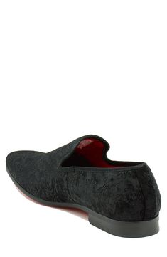 Ornate velvet texture tops a handsome loafer featuring a classic apron toe and grounded by a low block heel. Synthetic upper, lining and sole Imported Semi-formal Red-sole Slip-on Dress Shoes, Formal Slip-ons With Red Sole, Fitted Black Slip-on Loafers, Black Cushioned Slip-ons For Formal Occasions, Formal Loafers With Red Sole, Formal Loafers With Red Sole For Fall, Velvet Loafers Mens, Brooks Running Shoes Women, Work Sweaters