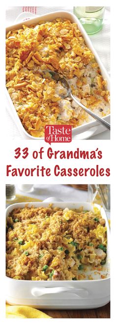 the cover of taste home's 33 of grandma's favorite casseroles