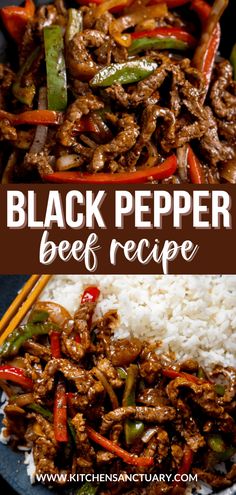 black pepper beef recipe with white rice and chopsticks