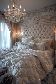 a white bed sitting under a chandelier next to a window with lots of lights