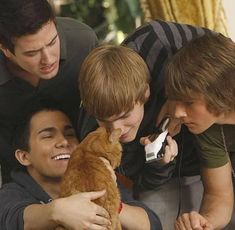 three young men are looking at a cat while the man is on his cell phone