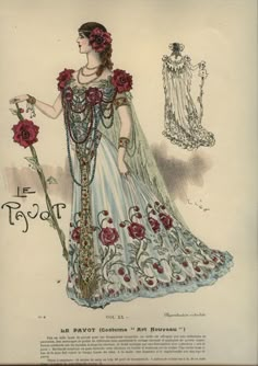 a drawing of a woman in a dress with roses on it and an evening gown