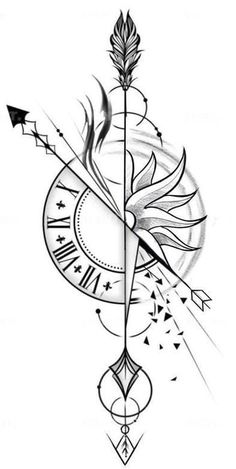 a tattoo design with an arrow and clock