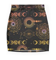 Super stretchy and durable polyester mini skirt. Vibrant, high-quality sublimation print across the front and back. Size range XXS-2XL. I incorporate astronomy and astrology into this design to give it a celestial feel, with the highlight being the round-shaped suns and astrology wheels that exude a purplish hue. Looks best with a black background. Skirts For Sale, Astronomy, Black Background, Black Backgrounds, Sublimation Printing, Astrology, Mini Skirt, Multi Color, Mini Skirts