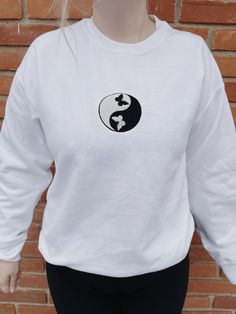 "Yin Yang Butterfly Embroidered Sweatshirt -Embroidered on a cotton/polyester blend crewneck sweatshirt, this design is simple and minimalistic, perfect for every outfit! -Embroidery design measures 4\" x 4\". -See product pictures for shirt sizing chart. -All sweatshirts are handmade on an embroidery machine so there may be slight differences, but we only sell the shirts that meet our high-quality standards. -To maintain the quality of your shirt and the embroidery design make sure to wash with Relaxed Fit Embroidered White Sweater, White Embroidered Sweater Relaxed Fit, White Embroidered Relaxed Fit Sweater, White Trendy Sweatshirt With Embroidered Text, Trendy White Sweatshirt With Embroidered Text, Casual White Sweatshirt With Embroidered Text, White Casual Sweater With Embroidered Graphics, White Embroidered Sweater For Streetwear, Casual White Sweater With Embroidered Logo