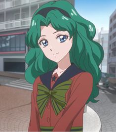 a girl with green hair standing in front of some stairs and buildings, looking at the camera