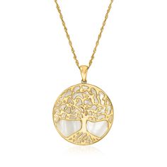 Ross-Simons - Mother-of-Pearl Tree of Life Pendant Necklace Over Sterling. 18". Our flourishing tree of life pendant necklace is an elegant ode to Mother Nature's undeniable beauty - and a personal reminder of our own unique growth. The enduring symbol is artfully depicted in polished 18kt yellow gold over sterling silver atop a dreamy 30mm mother-of-pearl slide. Suspends from a Singapore chain with a 2" extender. Lobster clasp, mother-of-pearl tree of life pendant necklace. Pearl birthstones ar Pearl Tree, Pearl Birthstone, Fine Jewelery, Detailed Necklace, Pear Tree, Mother Of Pearl Necklace, Pearl Jewelry Necklace, Tree Of Life Necklace, Natural Gold