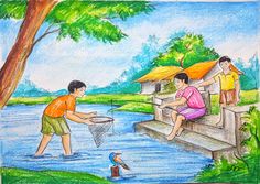 children are playing in the water while another child is holding an umbrella above them and fishing