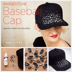 the baseball cap is decorated with swarong crystals and sequins on it