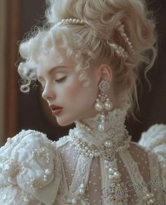 a woman with blonde hair and pearls in her hair wearing an elaborate white dress,