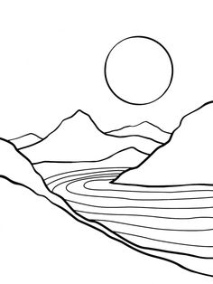 a black and white drawing of mountains with a sun in the background