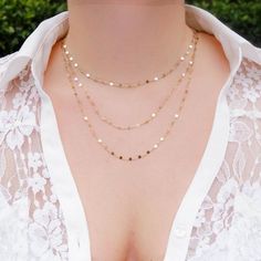 Our Triple Layer Necklace is so delicate and chic. This dainty layered necklace is made with 14K gold filled or Sterling Silver chain which catches the light so beautifully and just sparkles. Its truly a gorgeous piece to add to your collection. Its great to wear with a nice low cut dress or dress Low Cut Dress, Triple Layer Necklace, Chain Link Necklace Silver, Delicate Gold Necklace, Silver Link Chain, Layered Necklace Set, Cut Dress, Layer Necklace, Dainty Gold Necklace