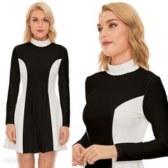 Step back in time with our captivating 60s Style Mod Dress, a stunning addition to any retro-inspired wardrobe. This Black and White Color Block GOGO Dress exudes timeless elegance and pays homage to the iconic fashion of the 60s era. Crafted from high-quality 100% polyester velour material, this Retro Dress offers both style and comfort, ensuring you make a statement wherever you go. With its turtle neckline and princess-style bodice, this 60s Mini Dress combines classic design elements with mo Retro Fitted Mini Dress, Fitted Retro Mini Dress, Mod Long Sleeve Dresses, Retro Long Sleeve Dress For Night Out, Retro Stretch Mini Dress, Fitted Knee-length Retro Mini Dress, Fitted Long Sleeve Mod Dress, Mod Long Sleeve Mini Dress For Party, Black Long Sleeve Retro Dress