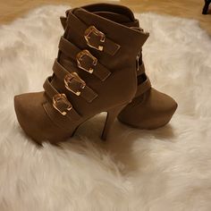 Nude Color Bootie With Platform, Gold Buckles Zip Up Back Never Worn Beige Heels For Night Out In Fall, Beige Heels For Fall Night Out, Holiday Prints, Nude Color, Suede Booties, Bootie, Eye Candy, Bootie Boots, Zip Ups