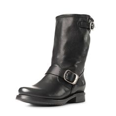 PRICES MAY VARY. ITALIAN LEATHER motorcycle boots that have been washed and oiled, as well as hand antiqued and polished, giving the pair a two-tone, worn finish ANTIQUE METAL HARDWARE on these brown boots gives them a tough, stylish look GOODYEAR WELT CONSTRUCTION for soles that are durable, long-lasting, and waterproof; 6 ¾” SHAFT HEIGHT for biker boots women can sport for a rugged, stylish look 9 ½” SHAFT CIRCUMFERENCE for a comfortable, well-fitted style; SLIGHT 1” HEEL with ½” leather outso Frye Veronica Short, Frye Veronica, Real Leather Boots, Leather Motorcycle Boots, Women's Motorcycle Boots, Womens Black Booties, Boots For Short Women, Frye Boots, Comfortable Boots