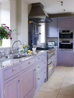 a kitchen with purple cabinets and marble counter tops, stainless steel appliances and an oven