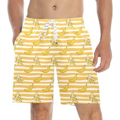 Banana Men Mid Length Shorts, Striped Yellow Funny Beach Swim Trunks F – Starcove Fashion Yellow Funny, Comfortable Swimwear, Funny Beach, Banana Man, Beach Humor, Mid Length Shorts, Plus Size Swim, Beach Swim, Men Beach