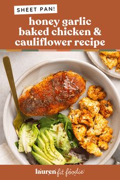 a plate with chicken, cauliflower and lettuce next to a spoon