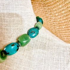 Medium-size green Aventurine and genuine Turquoise.  See the image paired with item 0369124, sold separately.  The combination of colors is almost seamless.  The stone's colors and textures complement each other.  The natural stones are irregularly shaped and pleasing to the eye. Elegant Green Chrysocolla Turquoise Necklace, Elegant Green Turquoise Necklace In Chrysocolla, Elegant Green Turquoise Chrysocolla Necklace, Green Amazonite Gemstone Jewelry, Elegant Green Necklace For Beach, Green Chrysocolla Single Strand Necklace, Green Chrysocolla Gemstone Beads Jewelry, Green Jade Gemstone Beaded Necklace, Adjustable Turquoise Aventurine Jewelry