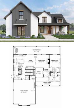 two story house plans with garage and living room on the first floor, an open floor plan