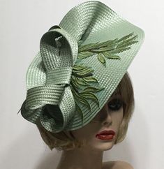 Sage Derby Fascinator, Horse Race Hat, Kentucky Derby Hat, Preakness Race, Sage Leaf Church Hat, Tea Party Hat, Wedding Guest Hat This lovely fascinator is Sage with embroidered leaves and a coordinating 1" satin covered headband.    I have designed and created each piece from my smoke-free studio.   All pieces are securely wrapped and boxed to prevent damage/breakage. This item is ready to ship.  Thank you very much for visiting my shop. Have a blooming day! Luxury Green Mini Hat For Royal Ascot, Fitted Cloche Hat For Summer Party, Summer Party Fitted Cloche Hat, Fitted Summer Party Cloche Hat, Fitted Cloche Hat For Spring Party, Fitted Cloche Hat For Evening In Spring, Spring Evening Fitted Cloche Hat, Spring Formal Fitted Costume Hats And Headpieces, Fitted Straw Hat With Short Brim For Church