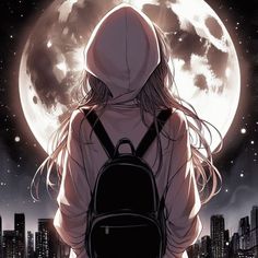 a person with a backpack standing in front of a full moon and cityscape