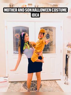 a woman holding a child in front of a door with the caption mother and son halloween costume idea