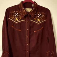 Beautifully Embellished Women’s Retro Western Shirt. Purchased As A Horse Show Shirt But Never Worn. No Rips, Stains Or Tears. From A Smoke Free Home. Photo Of The Embellishment Is Closest To True Color. 60s Cowboy Fashion, Red Western Shirt, Vintage Cowboy Shirt, Red Western Long Sleeve Tops, Western Style Red Long Sleeve Tops, Red Long Sleeve Western Top, Fitted Embroidered Red Shirt, Fitted Red Embroidered Shirt, Red Embellished Fitted Tops