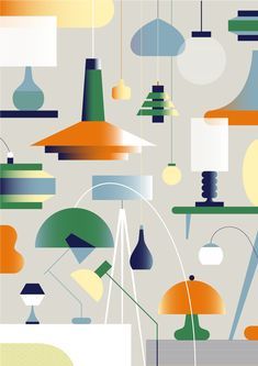 an abstract pattern with lamps and other objects