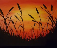 a painting of grass at sunset with the sun setting in the background and orange sky