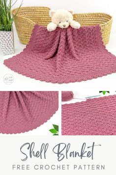 a crocheted blanket with a teddy bear on it and the text, shell blanket free crochet pattern