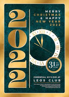 a christmas and happy new year flyer with gold lettering on a green background, featuring a clock