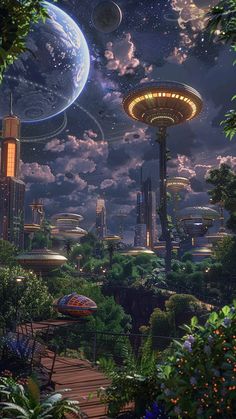 a futuristic city surrounded by trees and planets