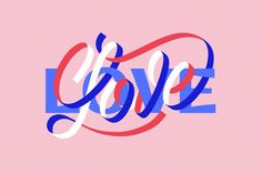 the word love is painted in red, white and blue on a pink background with swirls