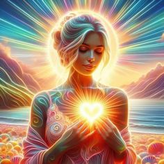 a woman holding a heart in her hands with the sun shining above her and mountains in the background