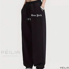 Peilia - Womens Athleisure: New York Print Sports Sweatpants with Drawstring Elastic Waist, Pocketed Loose Casual Workout Pants Black Casual Sportswear Joggers, Black Sportswear Joggers For Leisure, Hip Hop Style Sweatpants With Drawstring For Sports, Baggy Athleisure Sweatpants With Letter Print, Baggy Sports Joggers With Drawstring, Baggy Drawstring Joggers For Sports, Baggy Joggers With Drawstring For Sports, Stretch Athleisure Sweatpants With Letter Print, Baggy Letter Print Athleisure Joggers