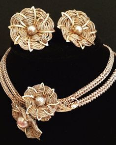 All hand wired, very unique construction, specific to Miriam Haskell; all three pieces are signed ( necklace and two earrings). All are in perfect shape for its age. Necklace measures about 16-17"; earrings measure about 1.5" in diameter. | eBay! Vintage Gold Jewelry Sets For Party, Vintage Silver Jewelry With Matching Earrings, Vintage Gold Metal Jewelry Sets, Vintage Hallmarked Jewelry For Vintage Events, Retro Matching Earrings For Evening Jewelry, Vintage Gold Jewelry Sets For Formal Occasions, Gold Vintage Jewelry Sets For Formal Occasions, Retro Matching Earrings For Evening, Antique Metal Jewelry For Vintage Events