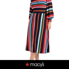 in stock Chic Spring Dresses With Contrast Stripes, Chic Striped Dresses For Fall, Spring Workwear Dresses With Contrast Stripes, Chic Striped Fall Dresses, Chic Multicolor Vertical Stripes Dress, Women's A Line Dresses, Rainbow Stripes, Puff Sleeve, Buy Online