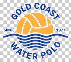 the gold coast water polo logo is shown on a transparent background, with blue and yellow waves