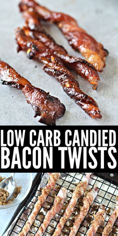 bacon twists on a baking sheet with the words low carb candied bacon twists