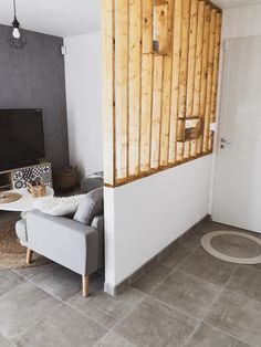 a living room with a gray couch and television