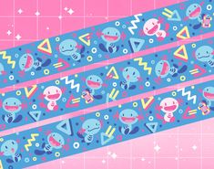 a blue and pink background with various cartoon characters on the side, including an arrow