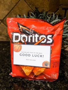 a bag of doritos sitting on top of a counter