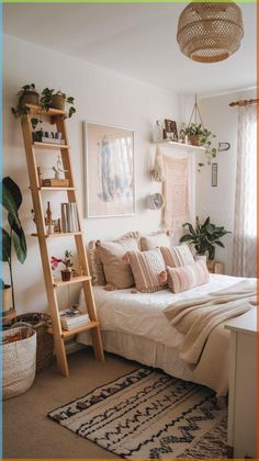 a bed with pillows and blankets in a bedroom next to a ladder on the wall