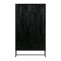 a wooden cabinet with metal legs and black wood grained finish on the front, against a white background